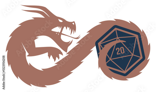Vector stylized brown dragon curled into an infinity shape surrounds a blue 20-sided die (d20) with the number 20. A simple illustration for role-playing and fantasy games.