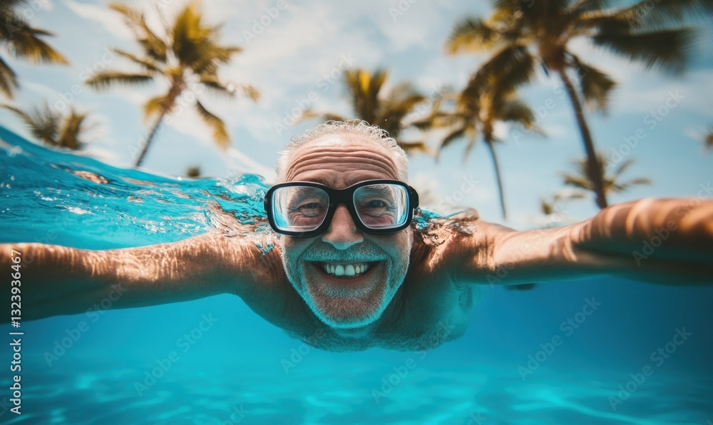 Naklejka premium Joyful moments of an elder swimming underwater in a sunny pool surrounded by palm trees