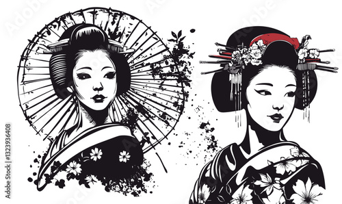 Traditional geisha portraits with umbrella and hair ornaments - linear icons set, vector.