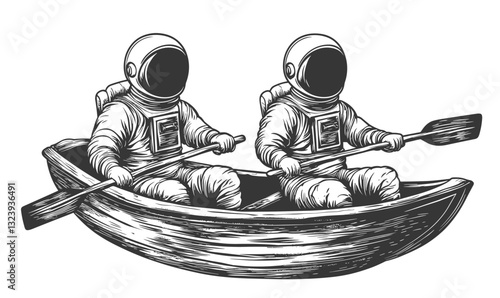 Two astronauts in rowboat with oars - linear flat icons set vector.