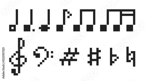 Set of pixel musical signs. Vector illustration. For music applications, web design, stickers and banners.