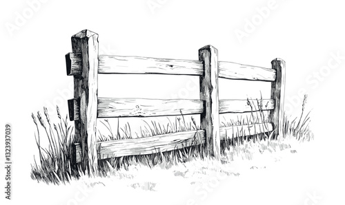 Rustic wooden fence with grass in linear style, vector icons set.