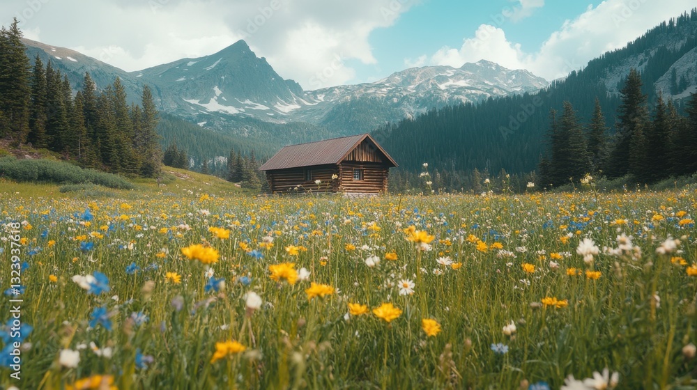 Serene Mountain Landscape with Rustic Cabin and Vibrant Wildflowers Serene Mountain Landscape with Rustic Cabin and Vibrant Wildflowers