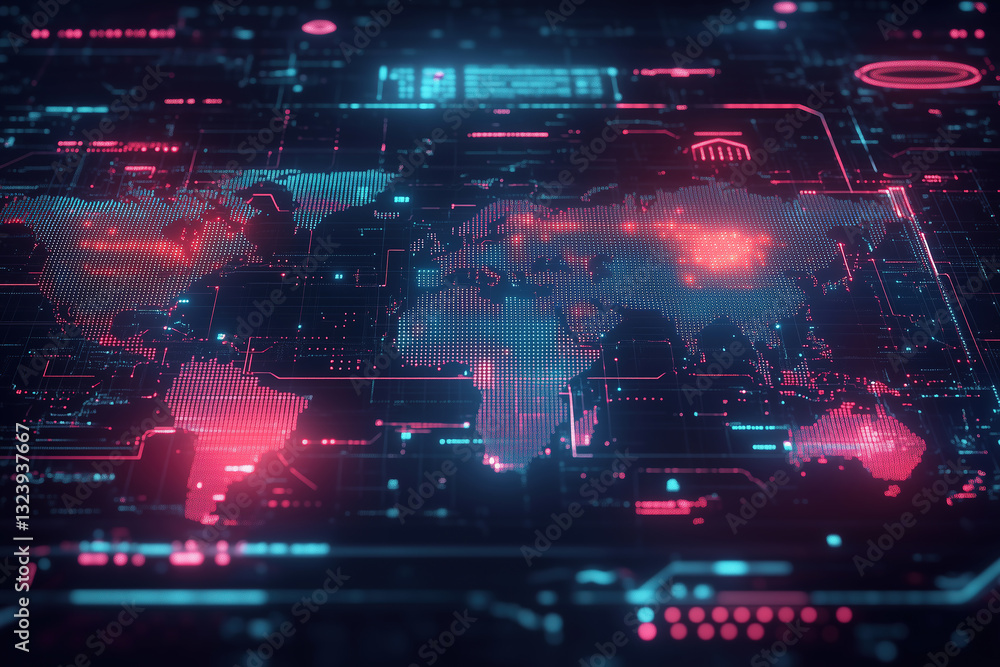 Obraz premium A futuristic topographic world map, featuring neon-glowing contour lines. The background is dark.