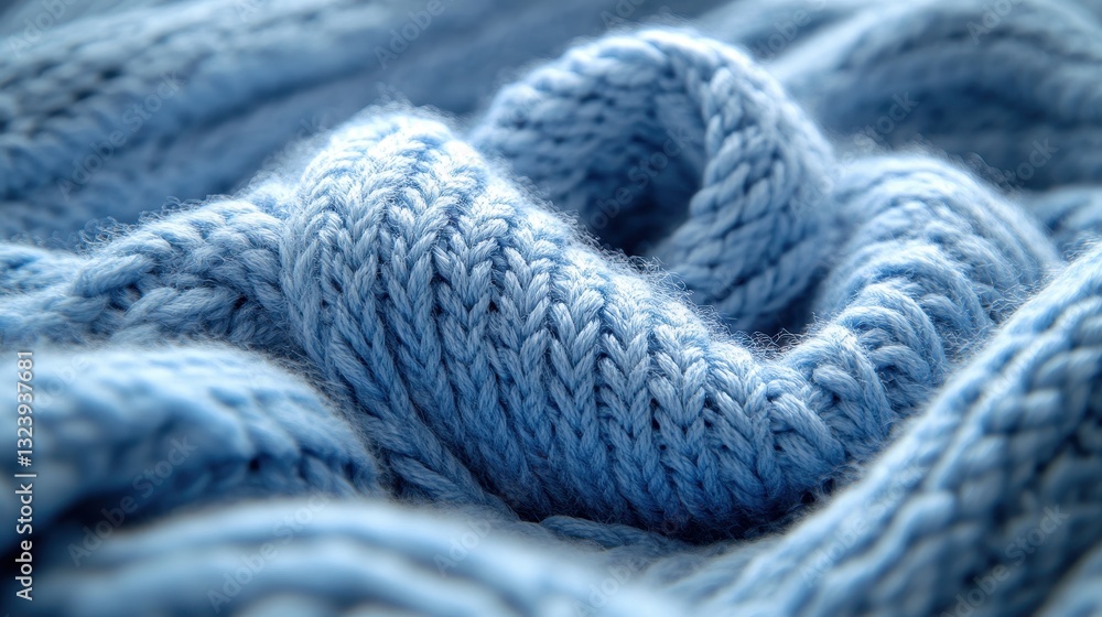 A soft, textured blue knit blanket, its fibers interlacing like a delicate tapestry, lay draped elegantly on the surface, inviting cozy relaxation. A soft, textured blue knit blanket, its fibers interlacing like a delicate tapestry, lay draped elegantly on the surface, inviting cozy relaxation.