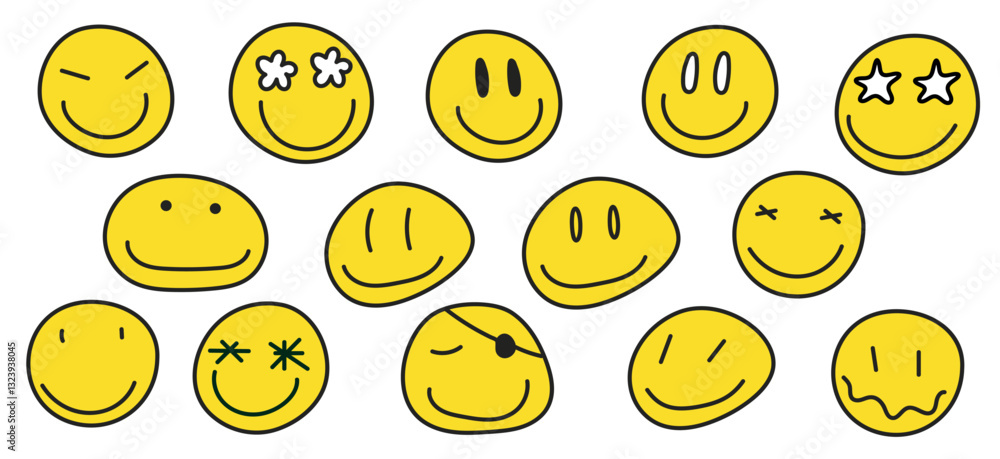 Smiley Gesichter Vektorillustration isoliert Emoji Gesichter Sammlung. handgezeichneter Stil, Emoticons-Set, Icon Bewertung