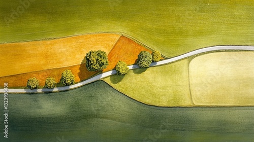 View from top to down at beautiful European countryside with green hills, and agricultural fields 