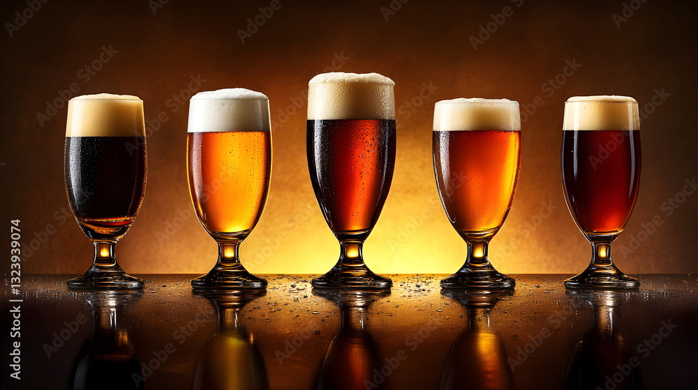 Beer mugs of different colors with foam arranged in a row on a bar table Beer mugs of different colors with foam arranged in a row on a bar table