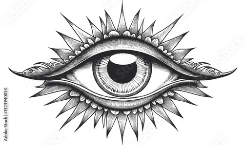Mystical all-seeing eye with sunburst motif - linear icons set - vector.