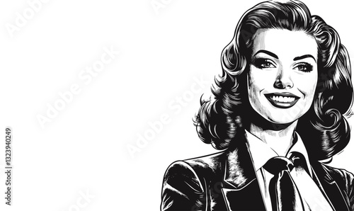 Smiling woman in business attire - black and white portrait, linear icons set, vector.