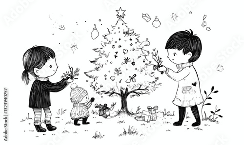 Children decorating christmas tree with ornaments in festive holiday scene – linear icons set, vector.