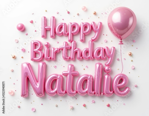 Celebrating Natalie's Birthday with Pink Balloons and Confetti on White Backdrop
