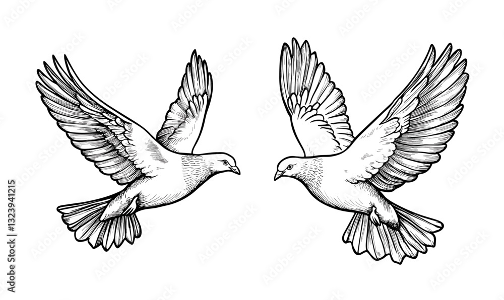 Obraz premium Two doves flying with wings spread, black and white linear icons set vector.