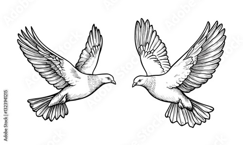 Two doves flying with wings spread, black and white linear icons set vector.