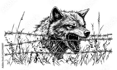 Angry wolf behind barbed wire vector - linear style icons set.