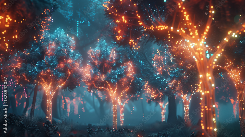 Fototapeta premium Futuristic trees with metallic branches and leaves interwoven with glowing circuits stand tall in a vibrant forest.
