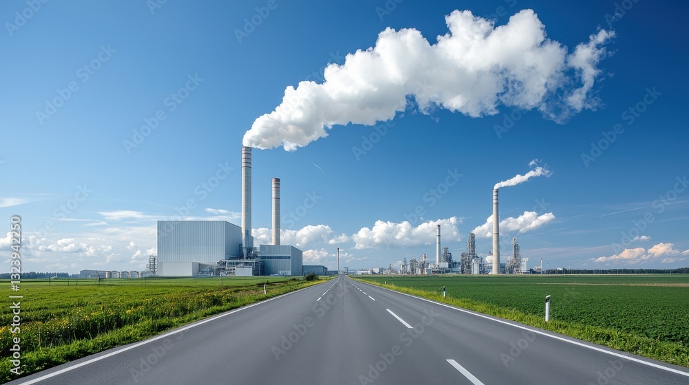 Smokestacks Emitting Steam from Power Plant Factory in Rural Countryside Landscape with Paved Road and Agricultural Fields Smokestacks Emitting Steam from Power Plant Factory in Rural Countryside Landscape with Paved Road and Agricultural Fields