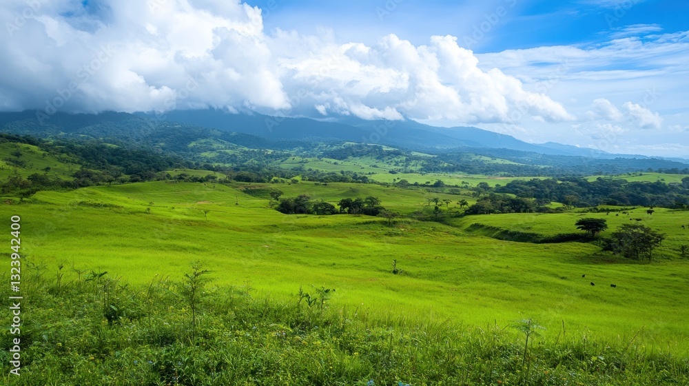 Obraz premium Serene Green Valley Landscape with Distant Mountains under a Blue Sky