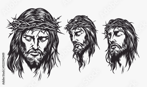 Jesus christ with crown of thorns, religious icons set, vector, linear style.