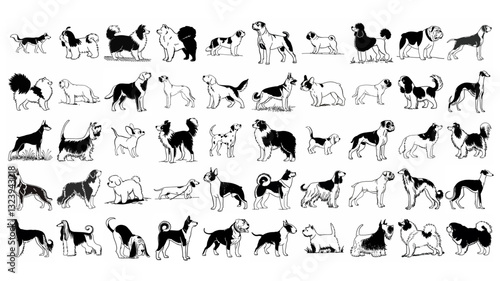 a diverse collection of dog illustrations. Each dog is depicted in a unique pose and style