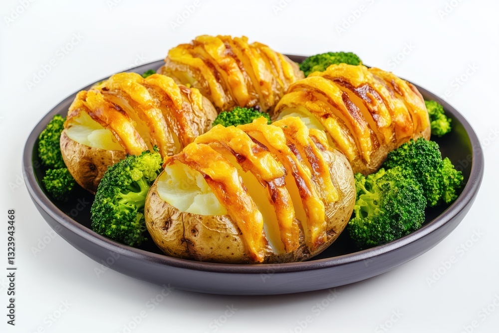 Baked potatoes topped with cheese served on a plate with steamed broccoli Baked potatoes topped with cheese served on a plate with steamed broccoli