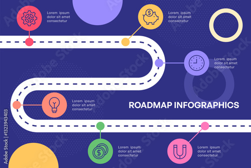 Dark Blue Roadmap Infographic with Curved Path and Business Milestones