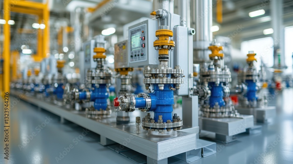 Fototapeta premium Industrial automation and monitoring equipment such as valves pipelines pressure controls and monitoring panels installed in a modern factory production facility or workshop