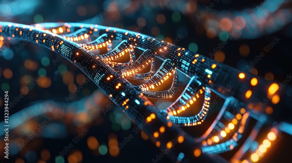 Digital DNA Helix with Glowing Nodes and Abstract Background in Blue and Orange Tones Digital DNA Helix with Glowing Nodes and Abstract Background in Blue and Orange Tones