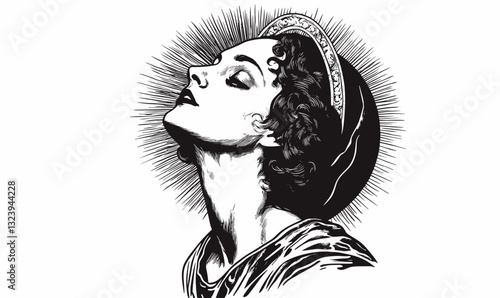 Elegant woman with halo: flat style icon set vector, monochrome portrait.
