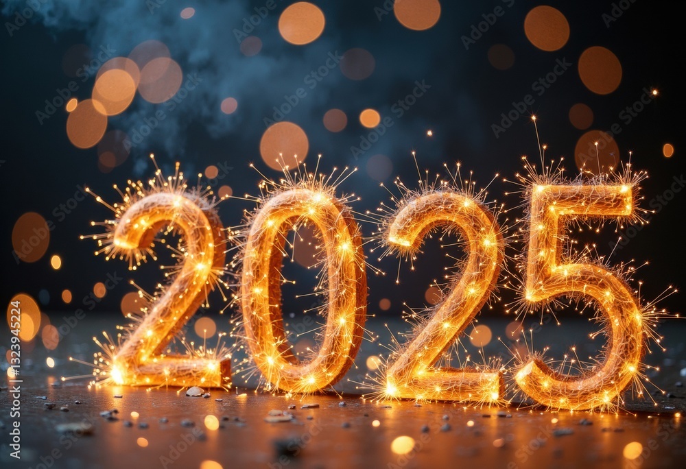 Sparkling numbers 2025 celebrate the New Year with festive lights and bokeh Sparkling numbers 2025 celebrate the New Year with festive lights and bokeh