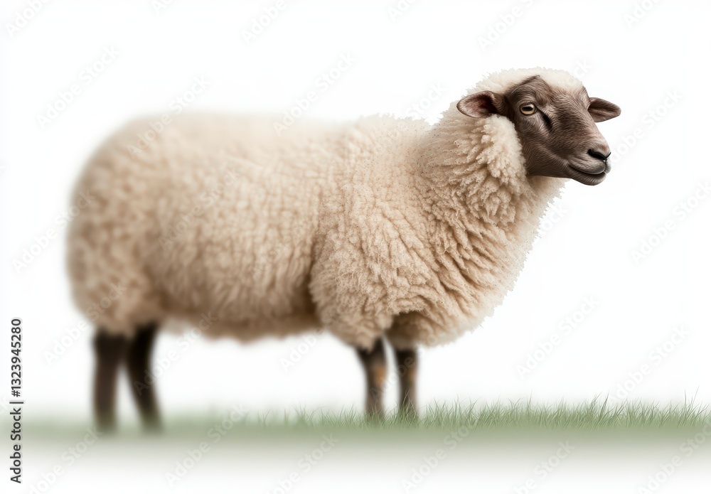 Cute fluffy sheep standing in a green field with soft white background, showcasing its woolly coat and gentle expression, farm animal Cute fluffy sheep standing in a green field with soft white background, showcasing its woolly coat and gentle expression, farm animal