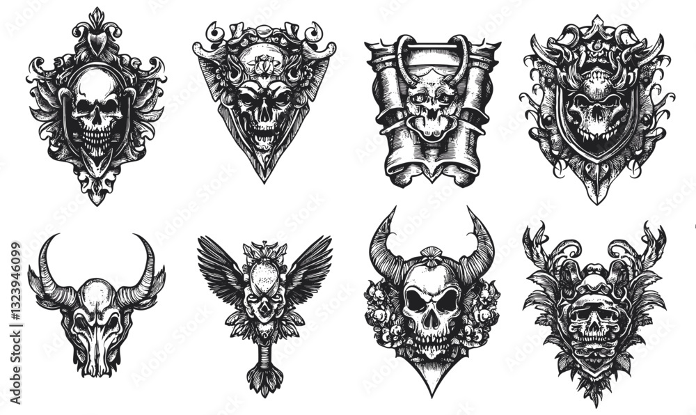Fototapeta premium Gothic skull emblems collection: ornate and intricate designs, flat icons set, vector.