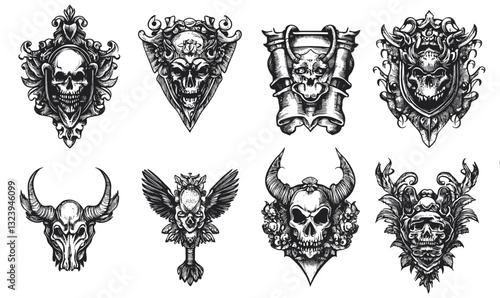 Gothic skull emblems collection: ornate and intricate designs, flat icons set, vector.