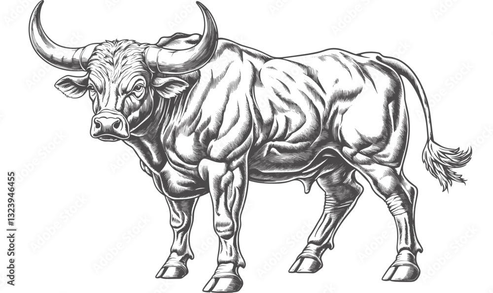Fototapeta premium Powerful bull illustration in black and white, detailed line art - vector, linear icons set.