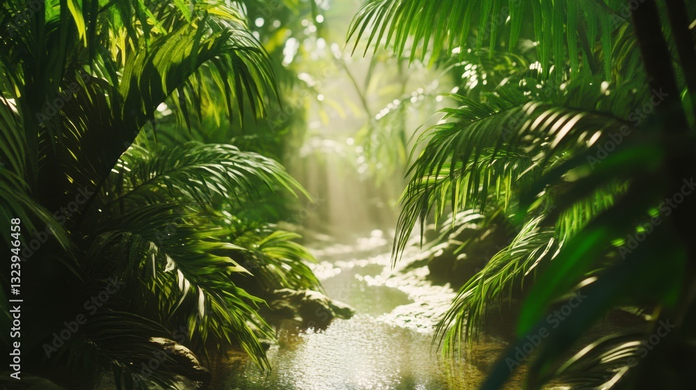 Naklejka premium Lush Tropical Jungle with Sunlight and Flowing Stream in Nature