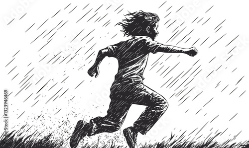 Running child silhouette in rain with dynamic lines, flat icons set, vector.