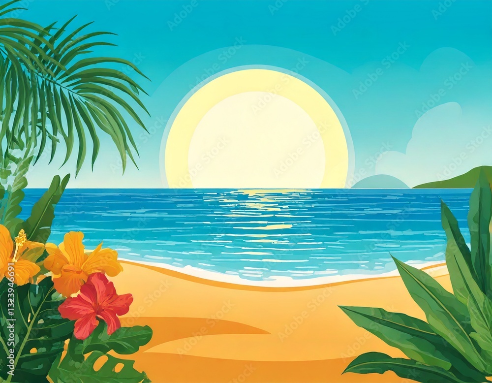 Obraz premium 浜辺 南国植物 イラスト 海 浜