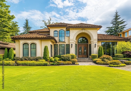 Wallpaper Mural Elegant, spacious home with manicured landscaping.  Features include a classic architectural style with terracotta roof, arched windows and a grand entrance Torontodigital.ca