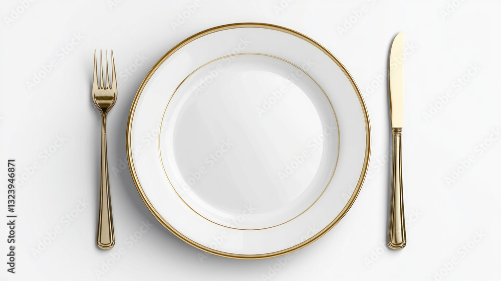 Elegant dining setup featuring a white plate with a gold rim and silverware on a clean table surface Elegant dining setup featuring a white plate with a gold rim and silverware on a clean table surface
