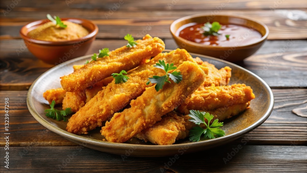 Crispy fried fish strips coated in a golden batter, served on a plate with a side of tangy dipping sauce, golden brown Crispy fried fish strips coated in a golden batter, served on a plate with a side of tangy dipping sauce, golden brown