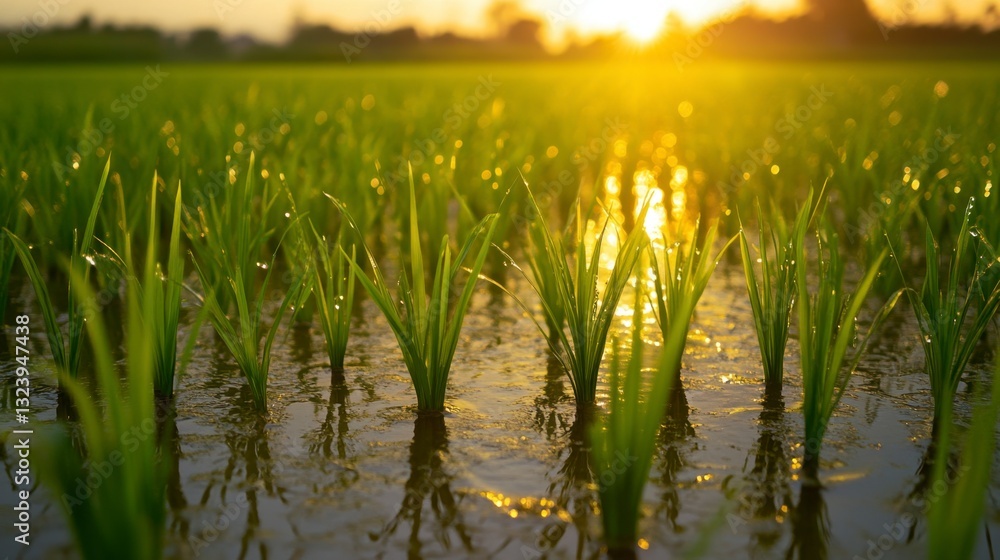 Fototapeta premium Close-up View of Green Rice Plant with Sunset Reflection in Water