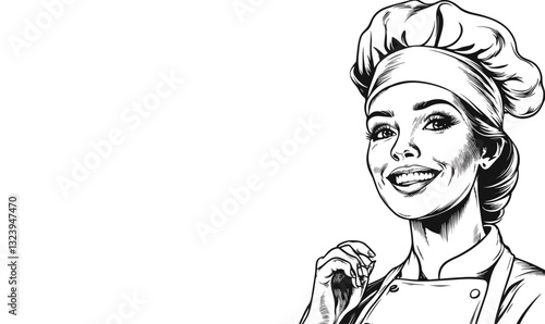 Chef woman portrait in culinary attire, linear icons set vector.