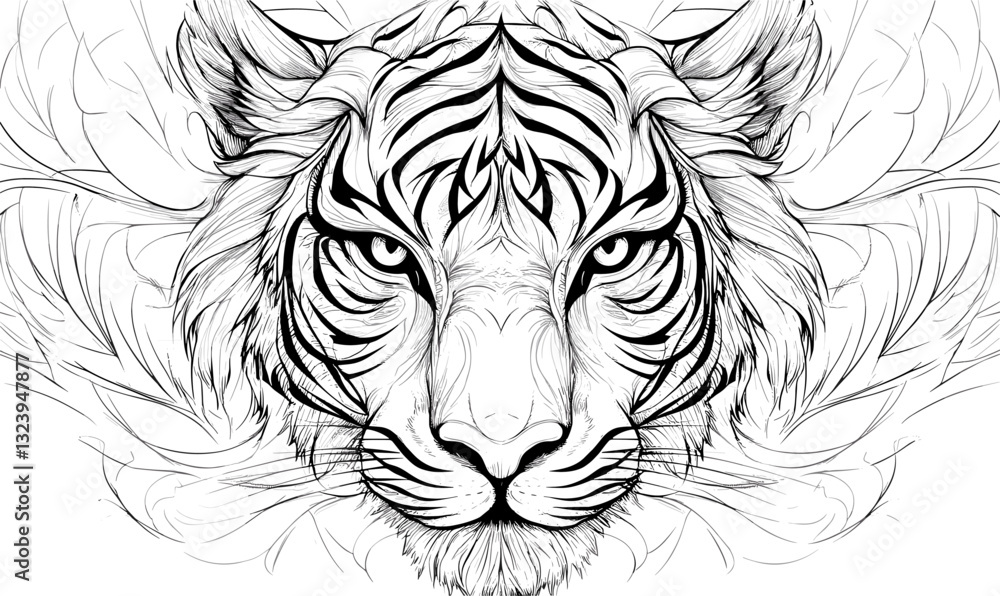Fototapeta premium Majestic tiger face with intricate patterns vector, linear icons set.