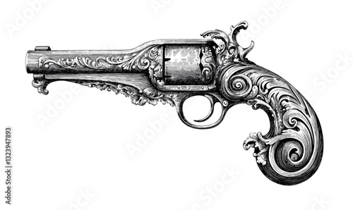 Ornate vintage revolver with intricate carvings - flat icons set, vector.