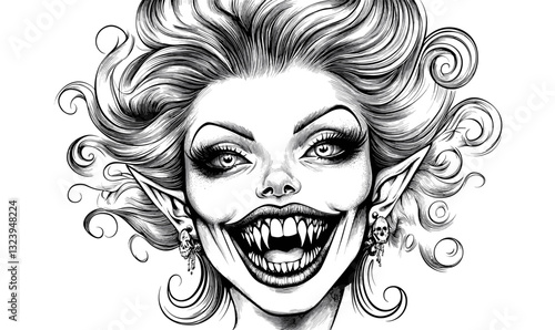 Spooky halloween vampire witch with fangs and wild hair, vector, linear icons set.