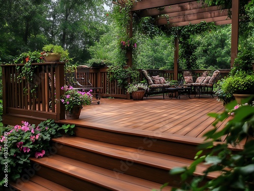 A beautifully landscaped backyard deck provides relaxation in a natural space