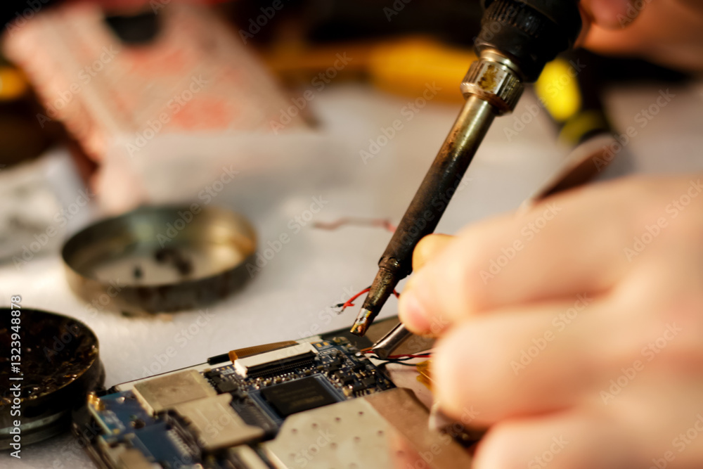 A close-up of a technician using a soldering iron to repair a phone, with a blurred background highlighting precision work in electronics. phone repair, electronics servicing