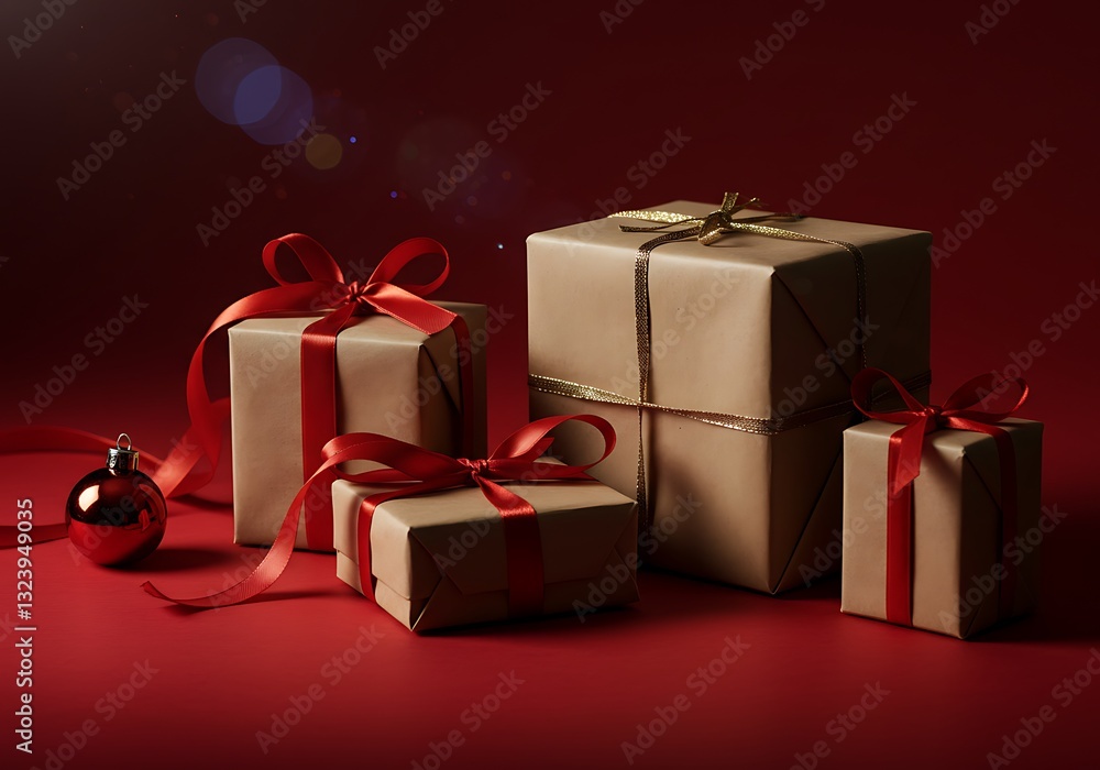 Obraz premium Christmas Gifts with Red Ribbons on a Deep Red Background