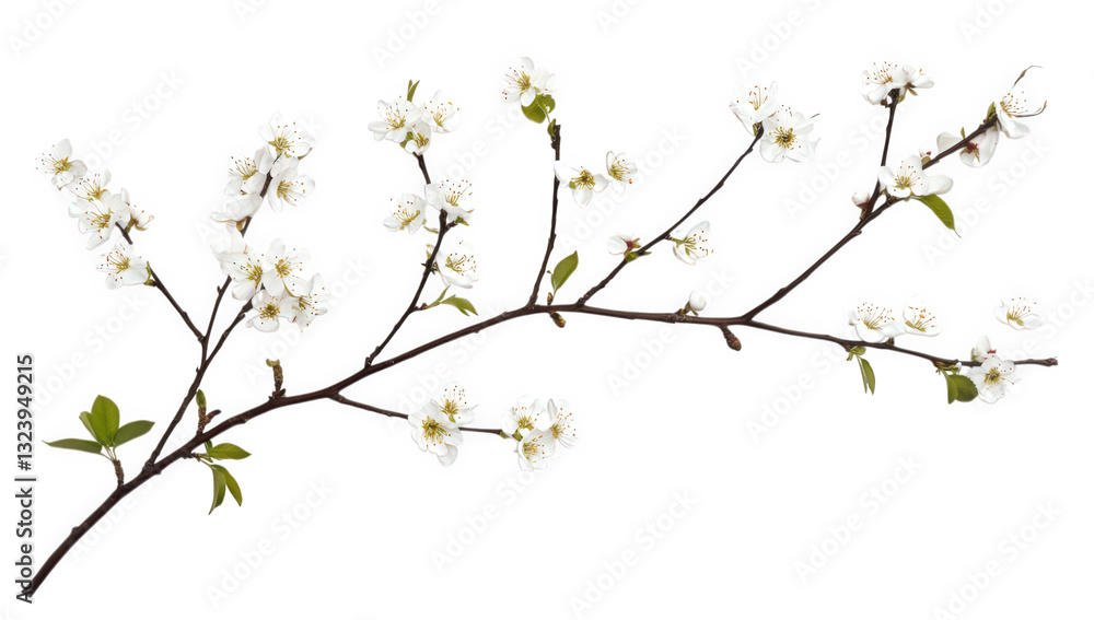 branch adorned with white blossoms and green leaves showcasing the beauty of nature ideal for floral design spring themes or botanical illustrations branch adorned with white blossoms and green leaves showcasing the beauty of nature ideal for floral design spring themes or botanical illustrations