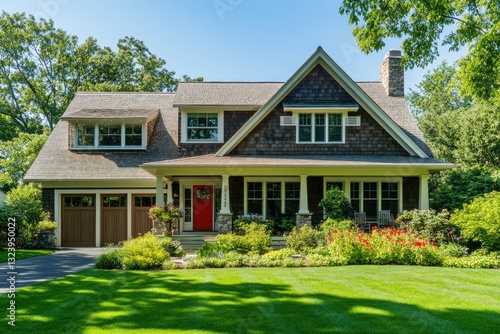 Charming Craftsman-style home with a lush landscape
